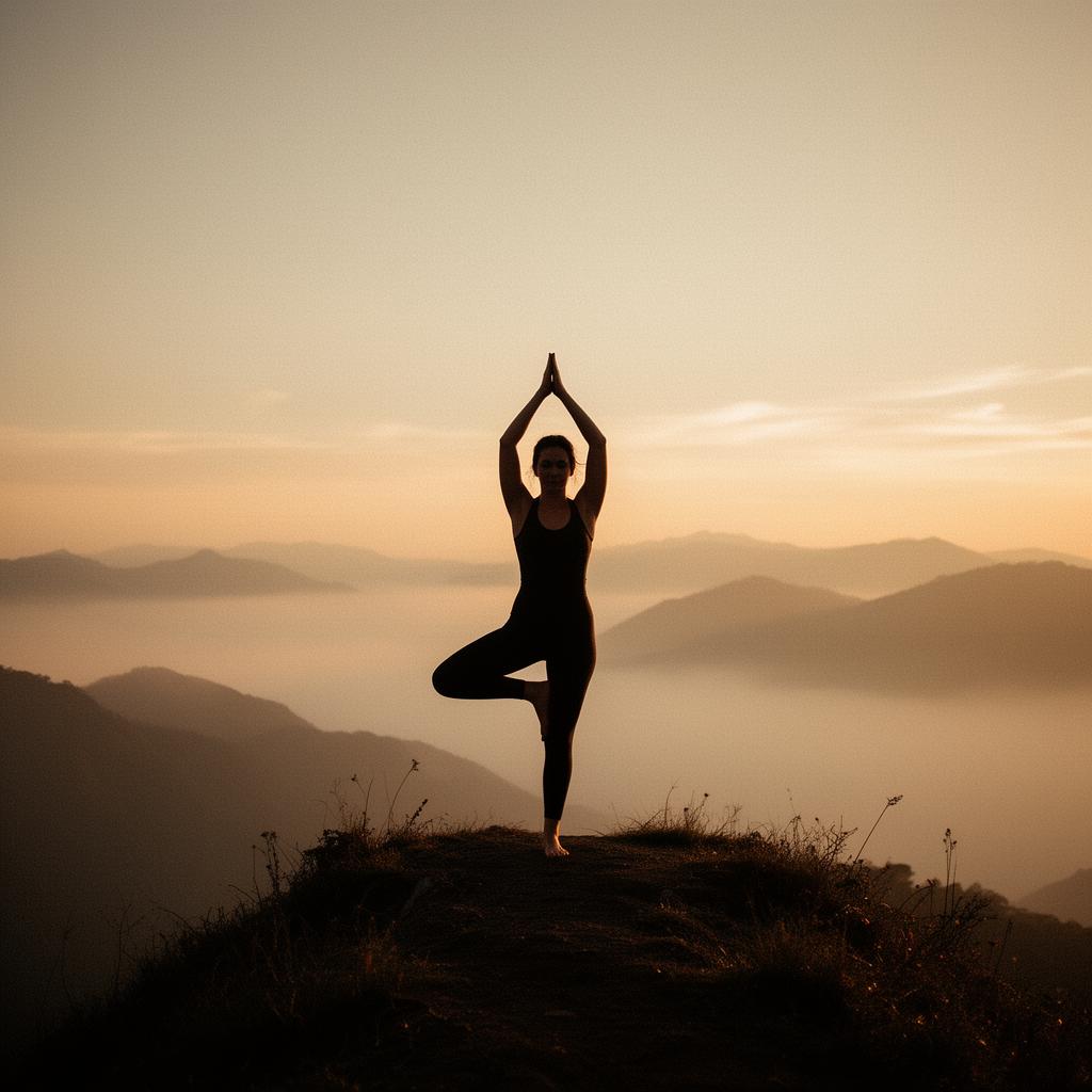 Silhouette in posizione yoga all'alba sulle montagne